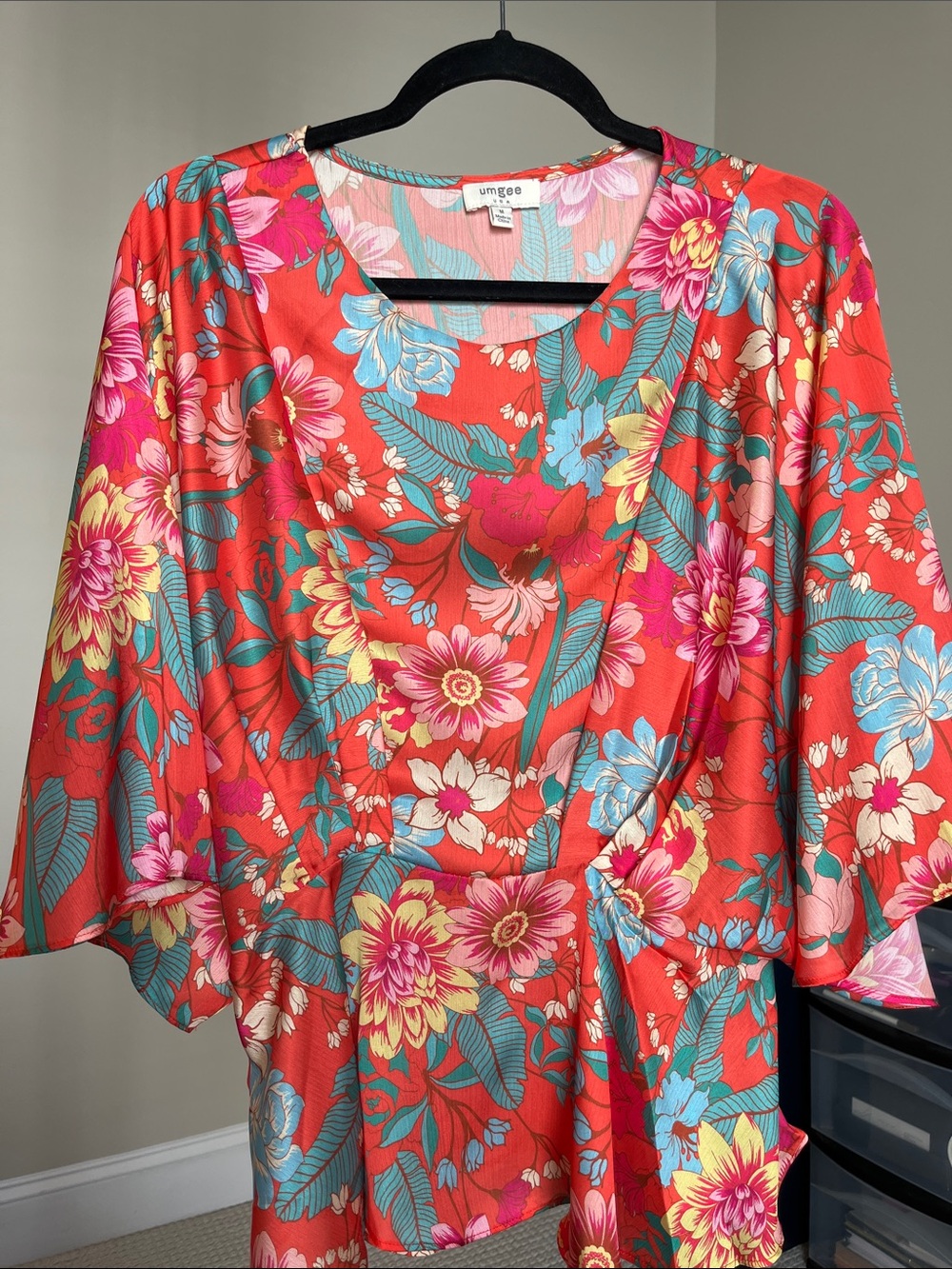 Umgee Coral Floral Wrap Tunic with Teal Accents